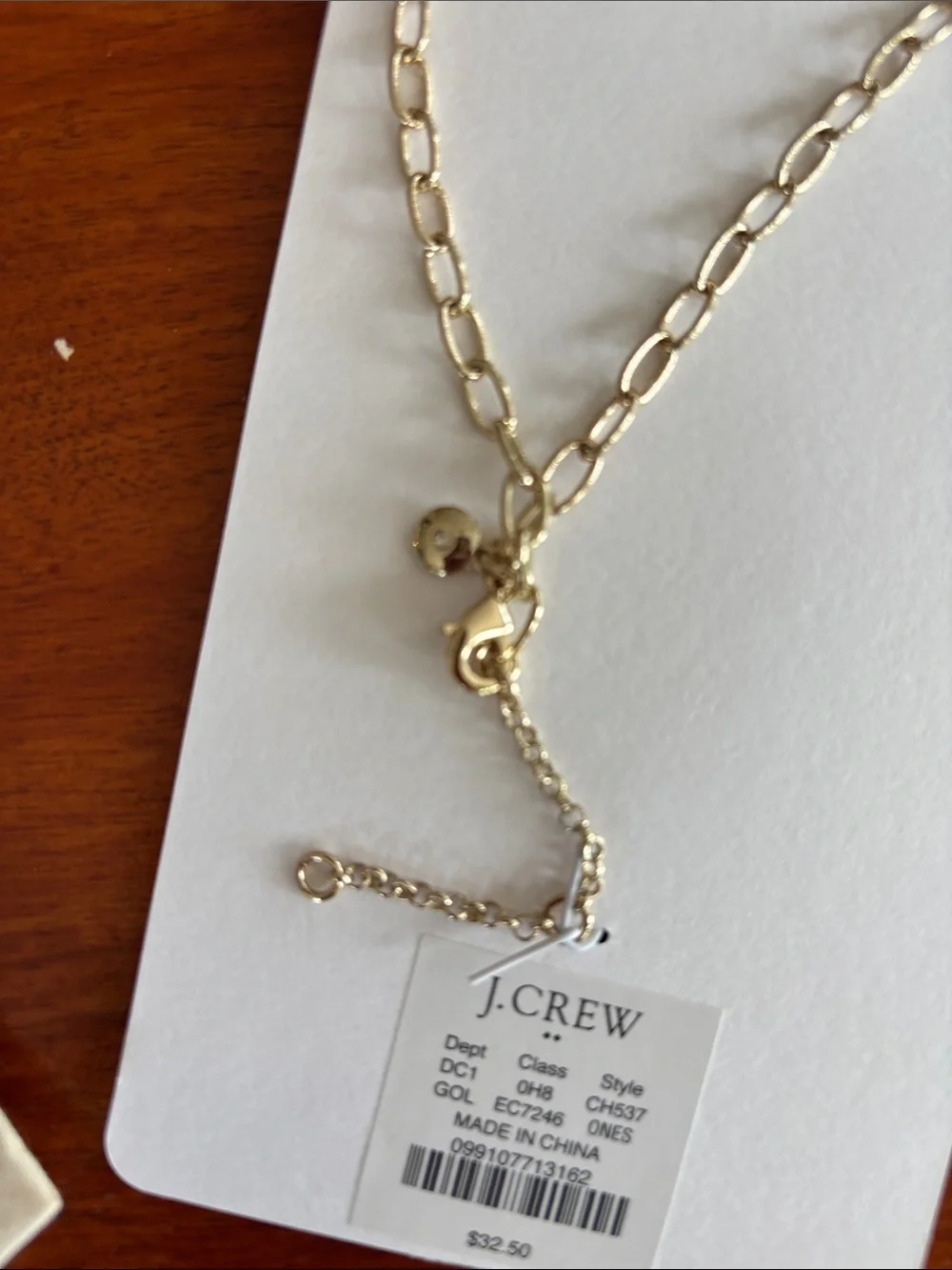 J. Crew Gold-Tone Open Link Necklace with Cream Drawstring Pouch